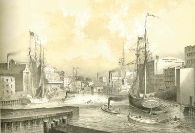 Ponte di Rush Street, vista da State Street, da Chicago Illustrated, con descrizioni letterarie di James W. Sheahan, pubblicato da Jevne & Almini, Chicago da American School