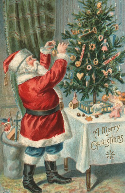Babbo Natale che decora un albero di Natale da American School