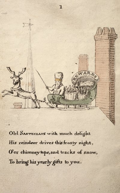 Santeclaus con slitta e renne, da The Childrens Friend pubblicato nel 1821 da American School