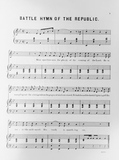 Spartito di Battle Hymn of the Republic, scritto da Julia Ward Howe (1819-1910) 1862 da American School
