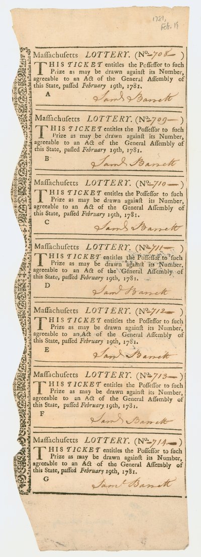 Foglio di biglietti della lotteria, Lotteria del Massachusetts, 1781 da American School