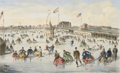 Pattinaggio su Union Pond, pub. 1863 (litografia a colori) da American School