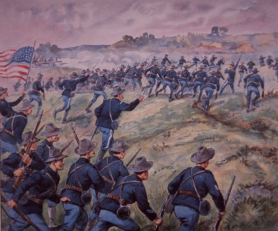Guerra ispano-americana 1898, le truppe statunitensi assaltano le alture di San Juan a Cuba (litografia a colori) da American School