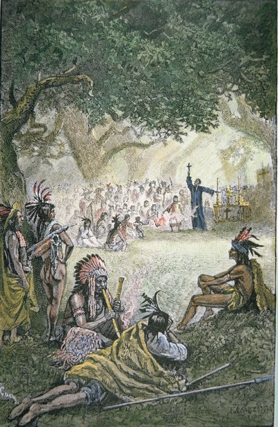Missionari gesuiti spagnoli che convertono i nativi americani in California nel XVII secolo da American School