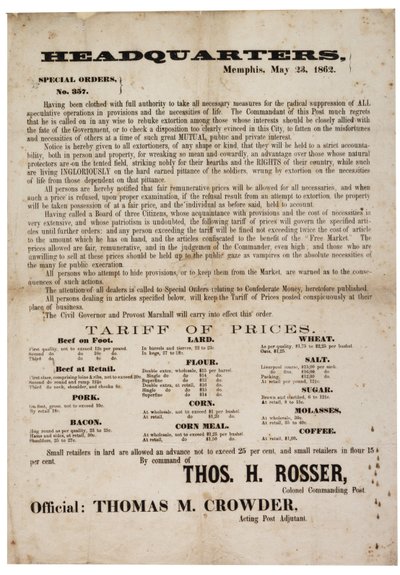 Ordine speciale n. 357 che pubblica i prezzi dei cibi per prevenire la speculazione, 23 maggio 1862 da American School
