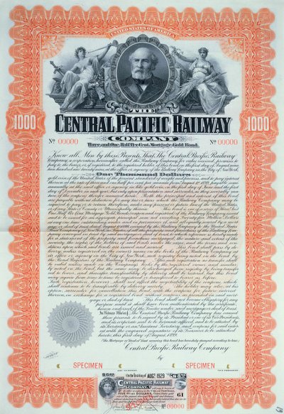 Certificato obbligazionario di esempio per 1000 dollari per la Central Pacific Railway Company, 1899 da American School