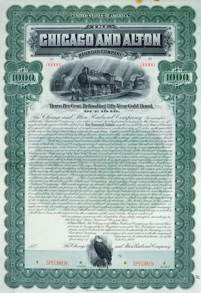 Certificato obbligazionario di esempio per 1000 dollari per la Chicago and Alton Railroad Company, 1899 da American School