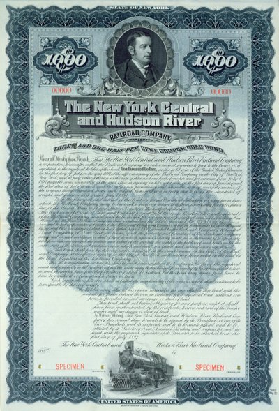 Certificato obbligazionario di esempio per 1000 dollari per la New York Central and Hudson River Railroad Company, c.1900 da American School