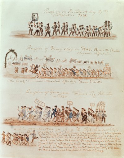 Processione del giorno di San Patrizio nel 1837 e processioni per Henry Clay, Governatore Francis Schunk e James Polk nel 1844 da American School