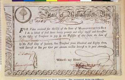 Nota promissoria dello Stato della Baia del Massachusetts, si dice incisa da Paul Revere (1735-1818) 1779 da American School