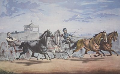 Stella e Alice Grey - Lanterna e Balena, Passando lo stand (Nella loro grande gara in doppio tiro sul Union Course L.I. 5 giugno 1855), pub. 1855, Currier & Ives da American School