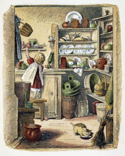 Dispensa in cucina in "Schnik, schnak, trifles for the little ones", giochi per bambini. ed. London- Georges Ronthedge and sons. New York, The broad way Ludgate n.d. c. 1890. da American School
