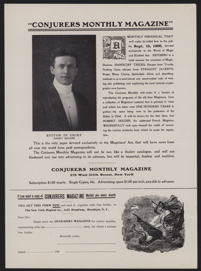 Modulo di abbonamento per Conjurers Monthly Magazine, redattore capo Harry Houdini (litografia) da American School