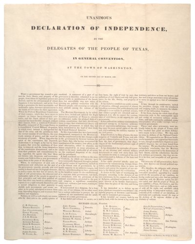 Dichiarazione di indipendenza del Texas: Dichiarazione unanime di indipendenza, stampata da Baker e Bordens, 2 marzo 1836 da American School