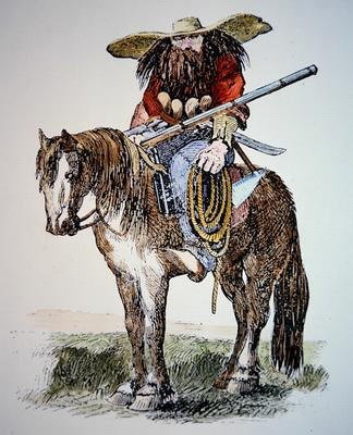 Cartone animato del Texas Ranger, che raffigura la vista urbana orientale del selvaggio e peloso Ranger da American School