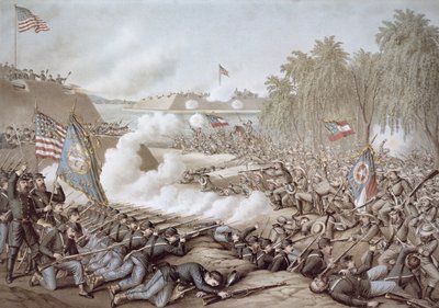 La battaglia di Corinto, 3-4 ottobre 1862, che mostra le bandiere del Nord e del Sud, di Kurz & Allison da American School