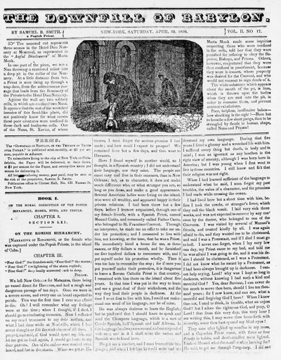 La caduta di Babilonia, illustrazione da un opuscolo anti-cattolico che mostra una suora che getta un neonato assassinato in una fossa, 1836 da American School