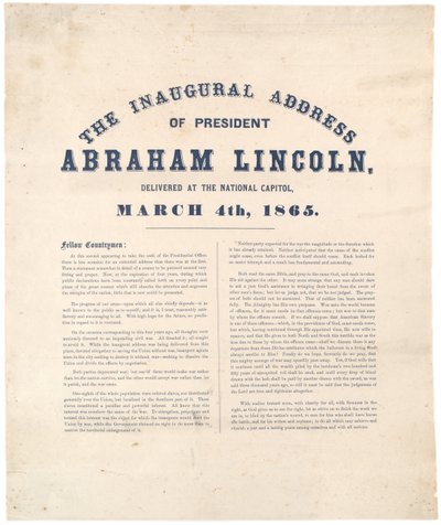Discorso inaugurale del presidente Abraham Lincoln pronunciato al Campidoglio nazionale, 4 marzo 1865 da American School