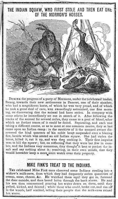 La squaw indiana, che prima rubò e poi mangiò uno dei cavalli dei mormoni, da Crocketts Almanac, 1852 da American School
