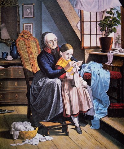 La lezione di maglia, pubblicata da Currier & Ives da American School