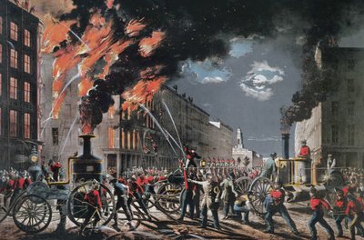 La vita di un pompiere (Dipartimento dei Vigili del Fuoco Volontari di New York), pubblicato da Currier & Ives da American School