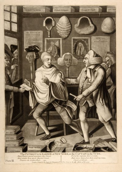 Il barbiere patriottico di New York, o il capitano nella schiuma, pub. 1775 da American School