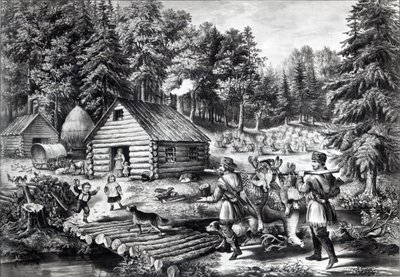 La casa del pioniere sulla frontiera occidentale, pub. da Currier e Ives da American School