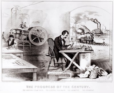 Il Progresso del Secolo: La Pressa a Vapore Fulmine, il Telegrafo Elettrico, la Locomotiva e il Battello a Vapore, pub. da Currier & Ives, 1876 da American School