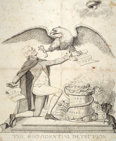 La rilevazione provvidenziale, cartone animato che raffigura Thomas Jefferson (1743-1826) che cerca di distruggere la Costituzione da American School