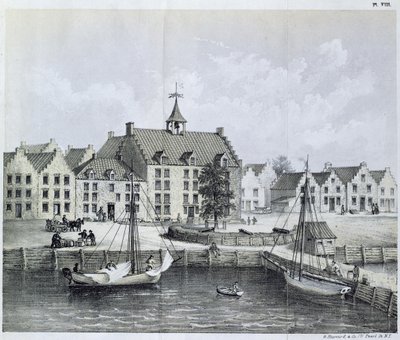 Lo Stadthuys di New York nel 1679, Angolo di Pearl Street e Coentijs Slip, dal Journal of a Voyage to New York in 1679-80 di Jasper Danckaerts e Peter Sluyter, pubblicato nel 1867 da American School