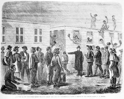 La guerra sul Mississippi, reclute nere che salgono sul treno per Murfreesboro, da Frank Leslies Illustrated Newspaper, maggio 1864 da American School