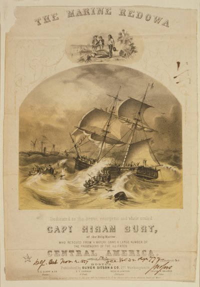 Il brigantino Marine che salva i passeggeri dalle scialuppe di salvataggio del piroscafo SS Central America dopo essere stato colpito da un uragano al largo delle Caroline nel settembre 1857. Oltre 550 annegati e 30.000 sterline (14.000 kg) di oro californ da American School