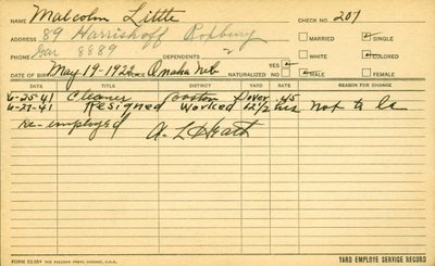 Il registro di servizio del dipendente Malcolm X da American School
