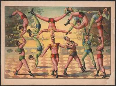 Tredici uomini che fanno acrobazie, 1891 circa (litografia a colori) da American School