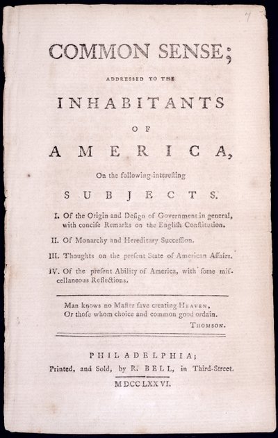 Pagina del titolo di Common Sense di Thomas Paine (1737-1809) 1776 da American School