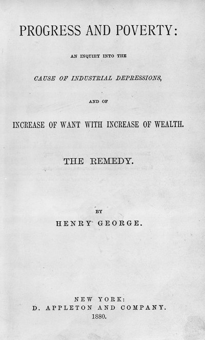 Pagina del titolo di Progress and Poverty di Henry George, pubblicato nel 1880 da American School