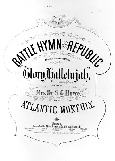 Pagina del titolo di Battle Hymn of the Republic, scritto da Julia Ward Howe (1819-1910) 1862 da American School
