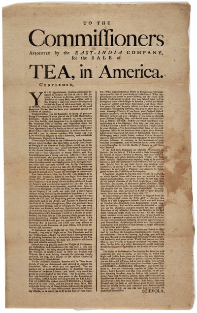 Ai Commissari nominati dalla Compagnia delle Indie Orientali, per la vendita del tè in America, firmato Scaevola, 1773 da American School
