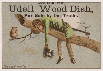 Troppo Capodanno, cartolina pubblicitaria per piatti di legno Udell da American School