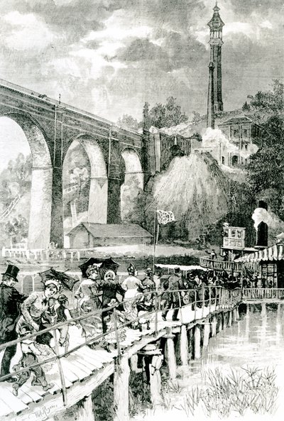 Turisti che tornano al loro piroscafo sul fiume Harlem, con il Ponte Alto a sinistra, inciso da W.A Rogers per Harper