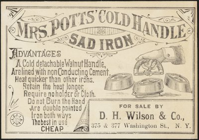 Carta commerciale per il ferro da stiro a manico freddo di Mrs. Potts, c.1870-1900 da American School