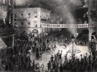 Arrivo trionfale del primo messaggero del Pony Express a Sacramento, 13 aprile 1860 da American School