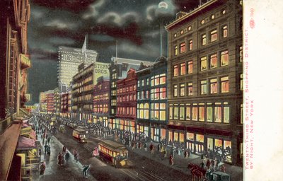 Il quartiere commerciale della Ventitreesima Strada, New York, di notte (litografia a colori) da American School