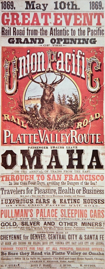Poster della Union Pacific Railroad che pubblicizza la prima ferrovia transcontinentale attraverso gli USA da American School