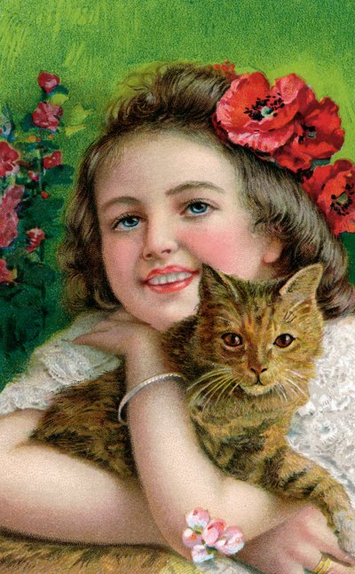 Ragazza vittoriana con un gatto domestico da American School
