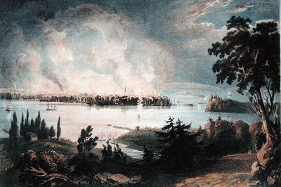Vista della città di New York da Weehawk durante il grande incendio, 16 dicembre 1835, inciso da Day e Haghe da American School