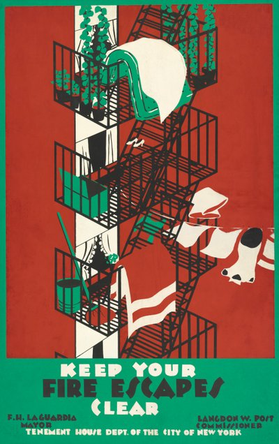 Poster vintage di una scala antincendio di New York City da American School