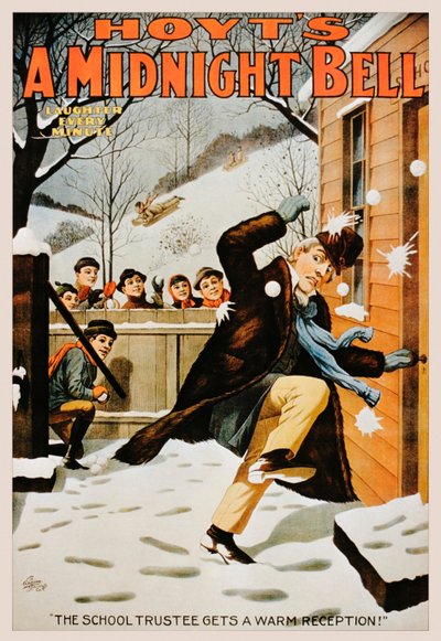 Poster vintage di ragazzi che lanciano palle di neve a un uomo, 1890-99 da American School