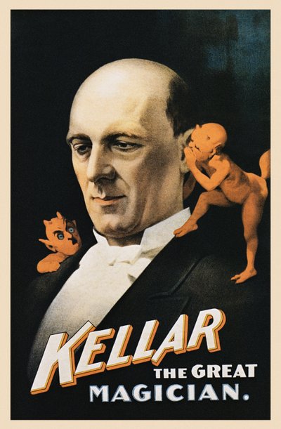 Poster vintage di uomo con diavoli che sussurrano da American School