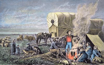 Emigranti in carro verso ovest (incisione colorata) da American School
